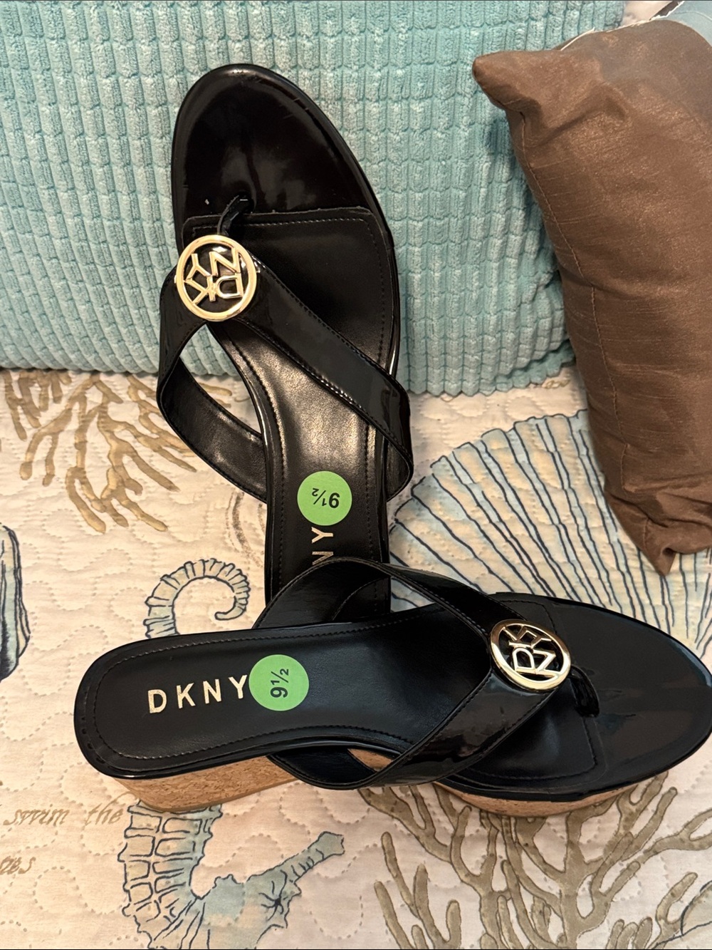 DKNY Black Patent Leather Cork Wedge Sandals with Gold Logo Medallions